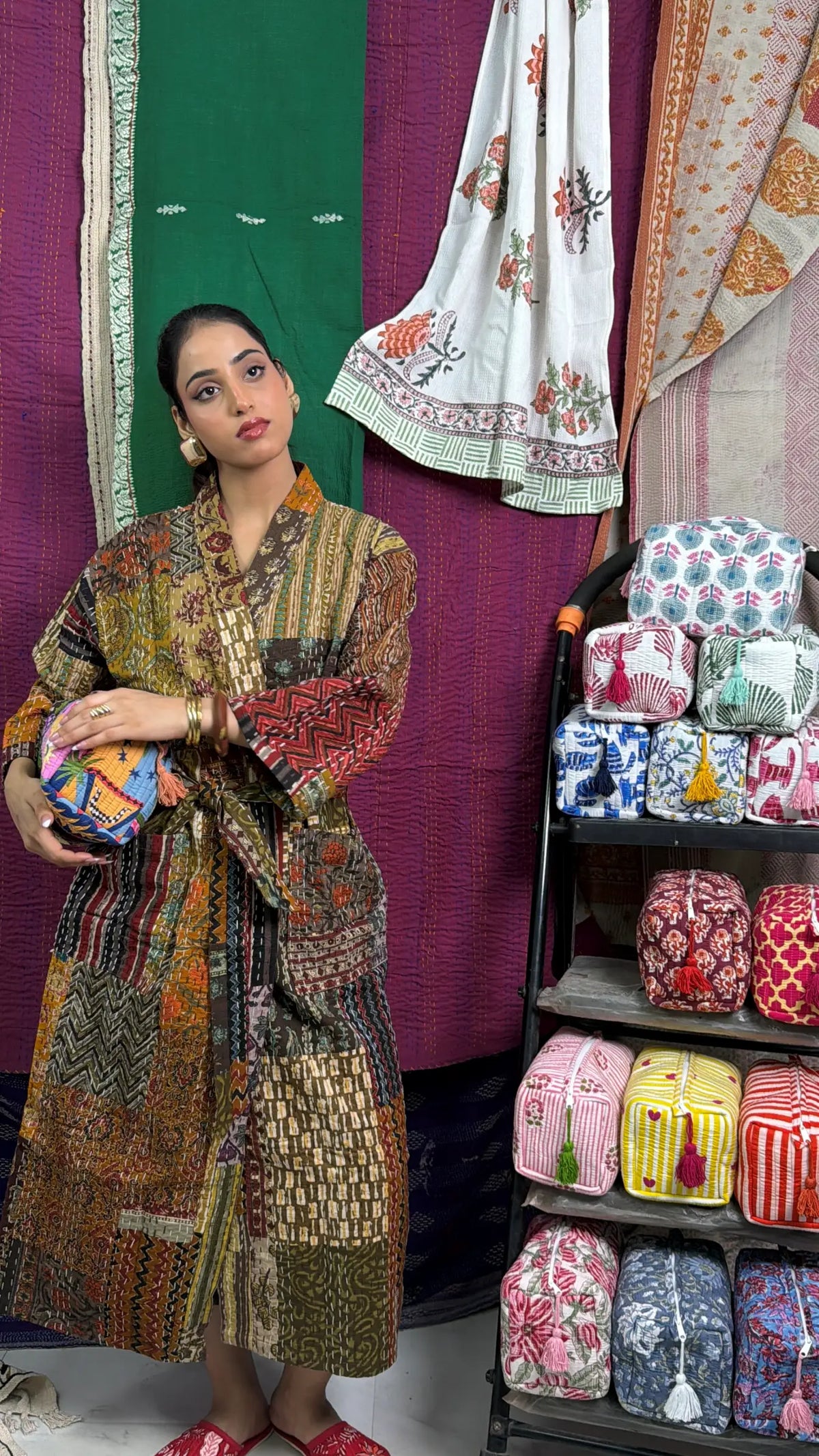 Kantha Reine Baumwolle Wendbare Lange Kimono Damen Jacke Pastell Grün Affe Tier