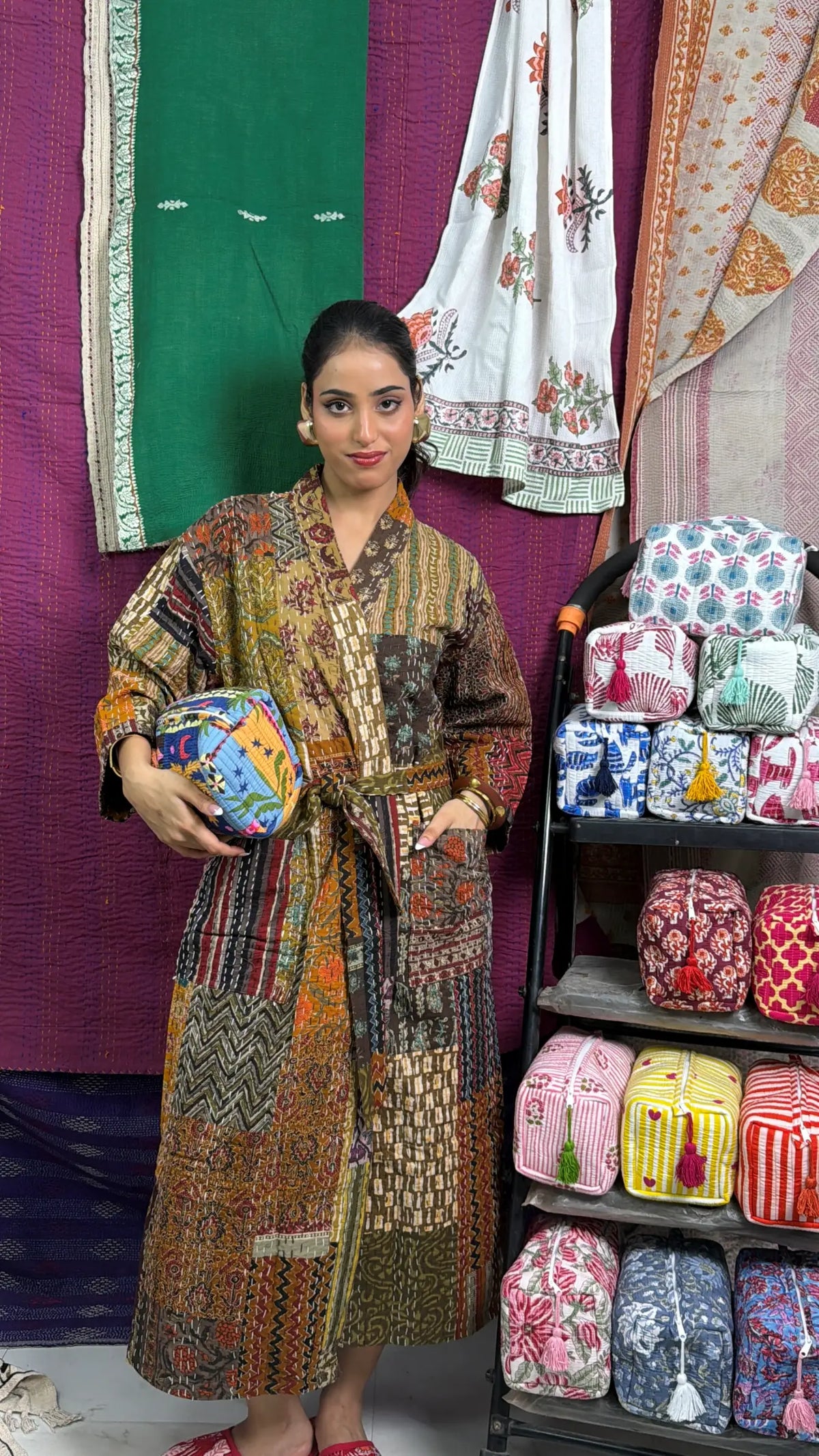 Kantha Reine Baumwolle Wendbare Lange Kimono Damen Jacke Pastell Grün Affe Tier