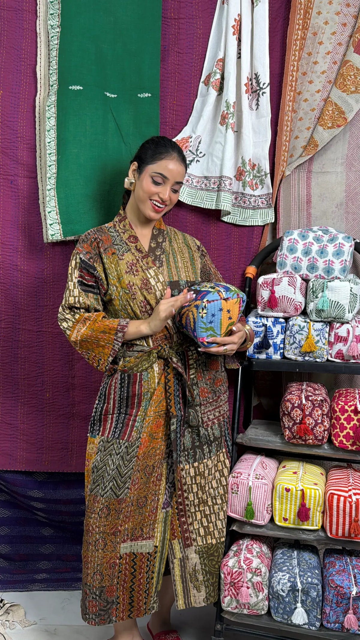 Women's reversible Kantha-stitched Cotton Short Jacket in beige brown patchwork