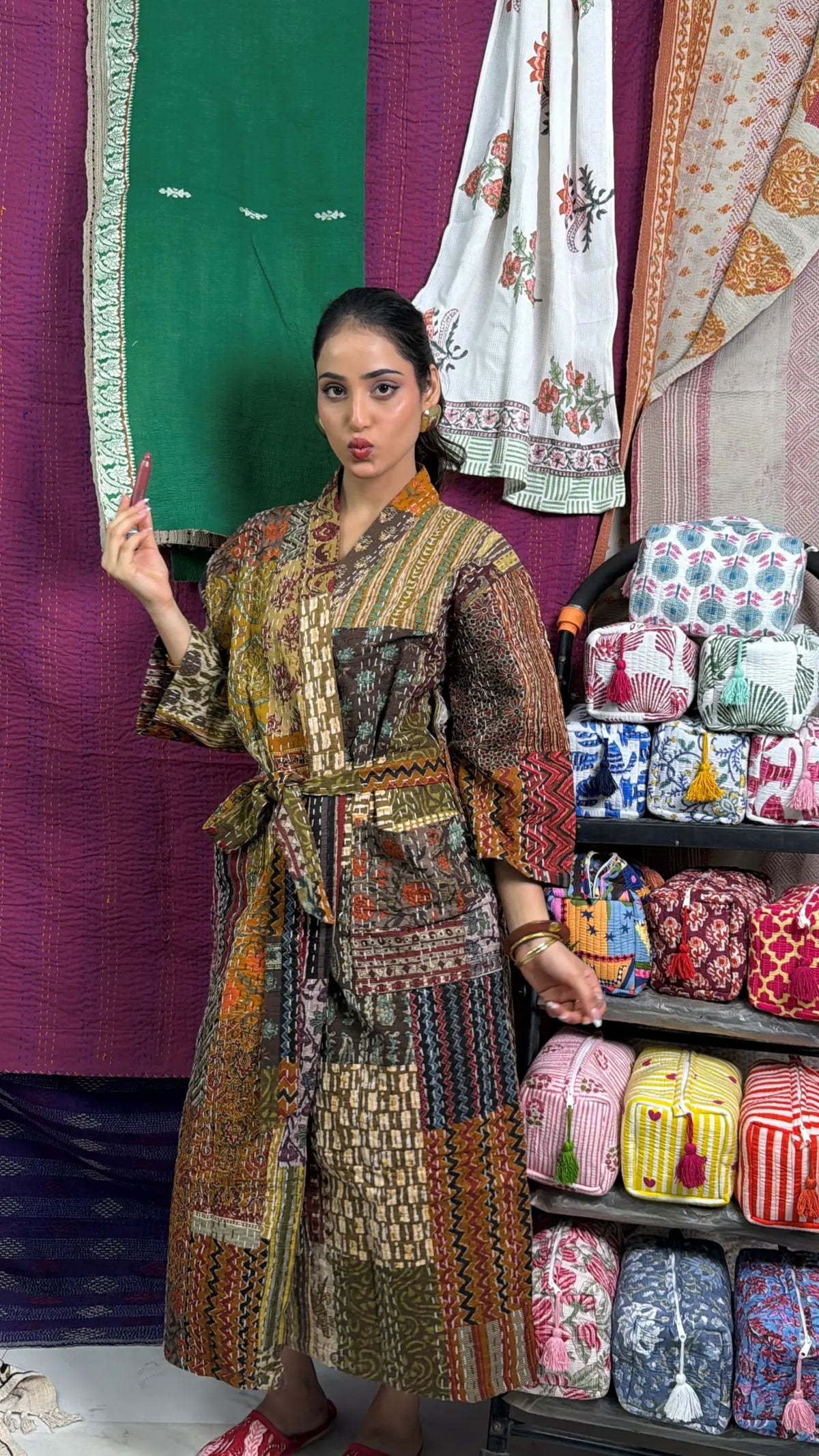 Kantha Reine Baumwolle Wendbare Lange Kimono Damen Jacke Pastell Grün Affe Tier