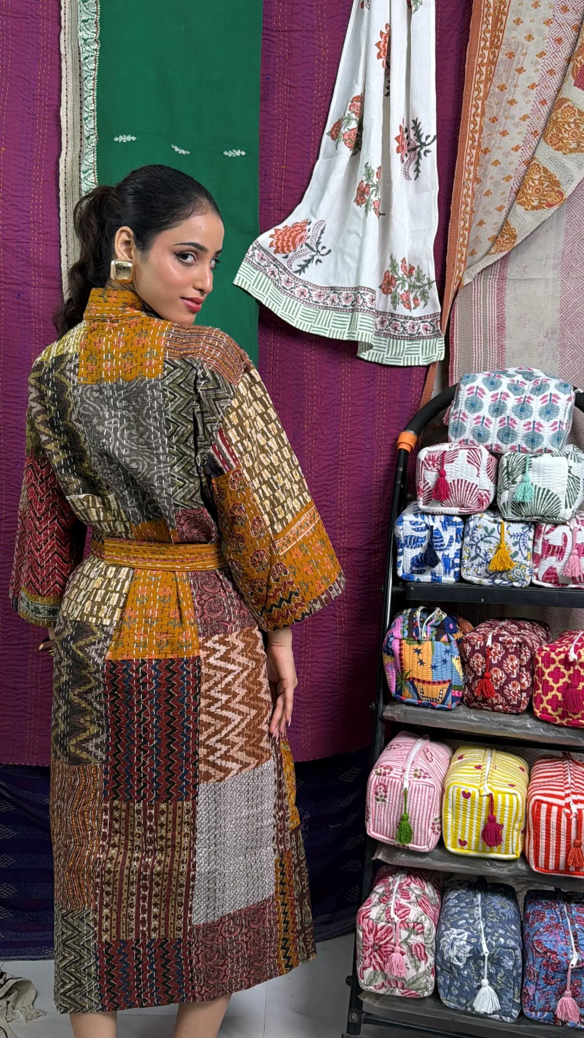 Kantha Reine Baumwolle Wendbare Lange Kimono Damen Jacke Pastell Grün Affe Tier
