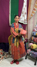 Unisex reversible Kantha-stitched Cotton Long Kimono Robe in red orange yellow