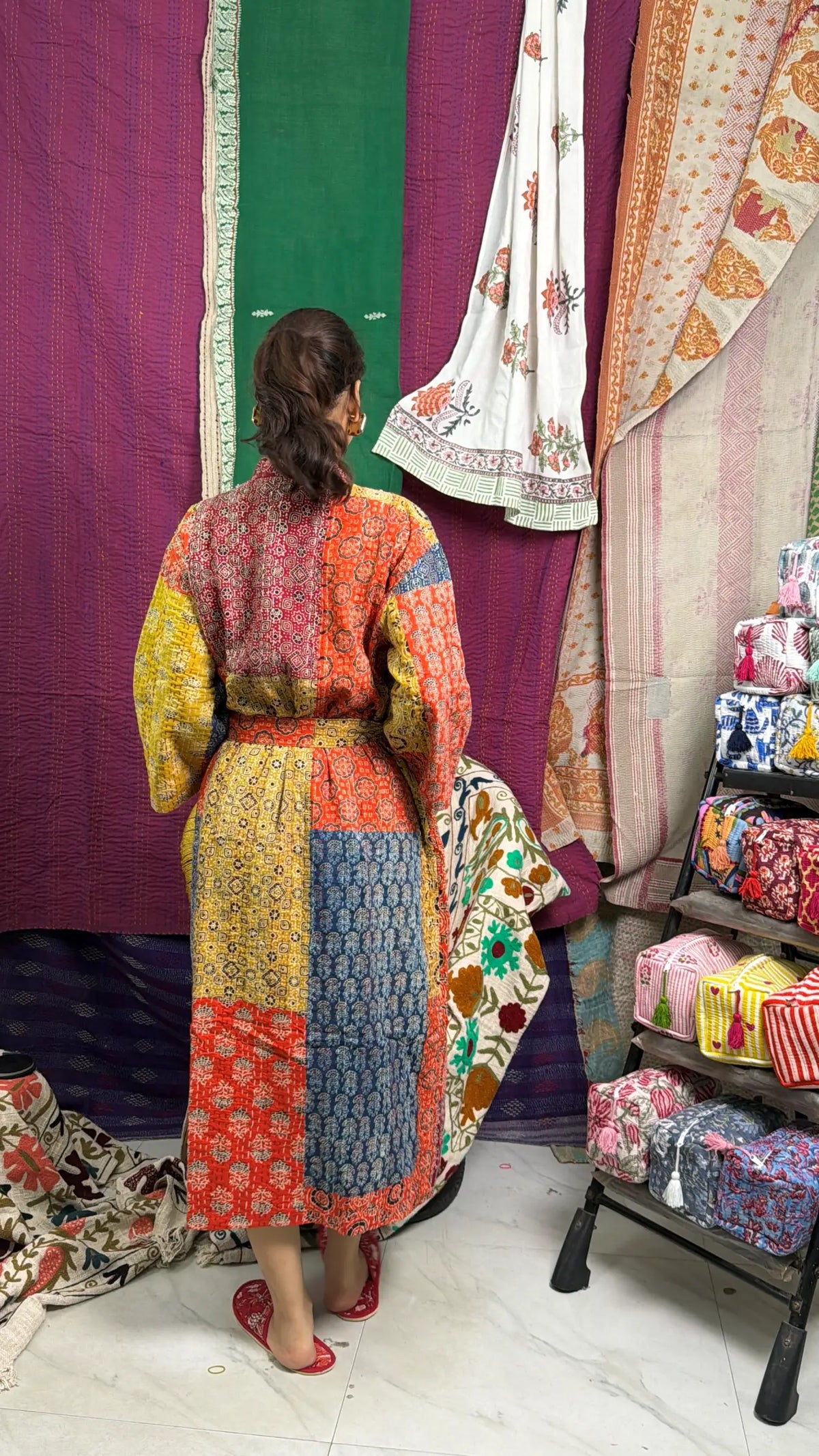 Unisex reversible Kantha-stitched Cotton Long Kimono Robe in red orange yellow