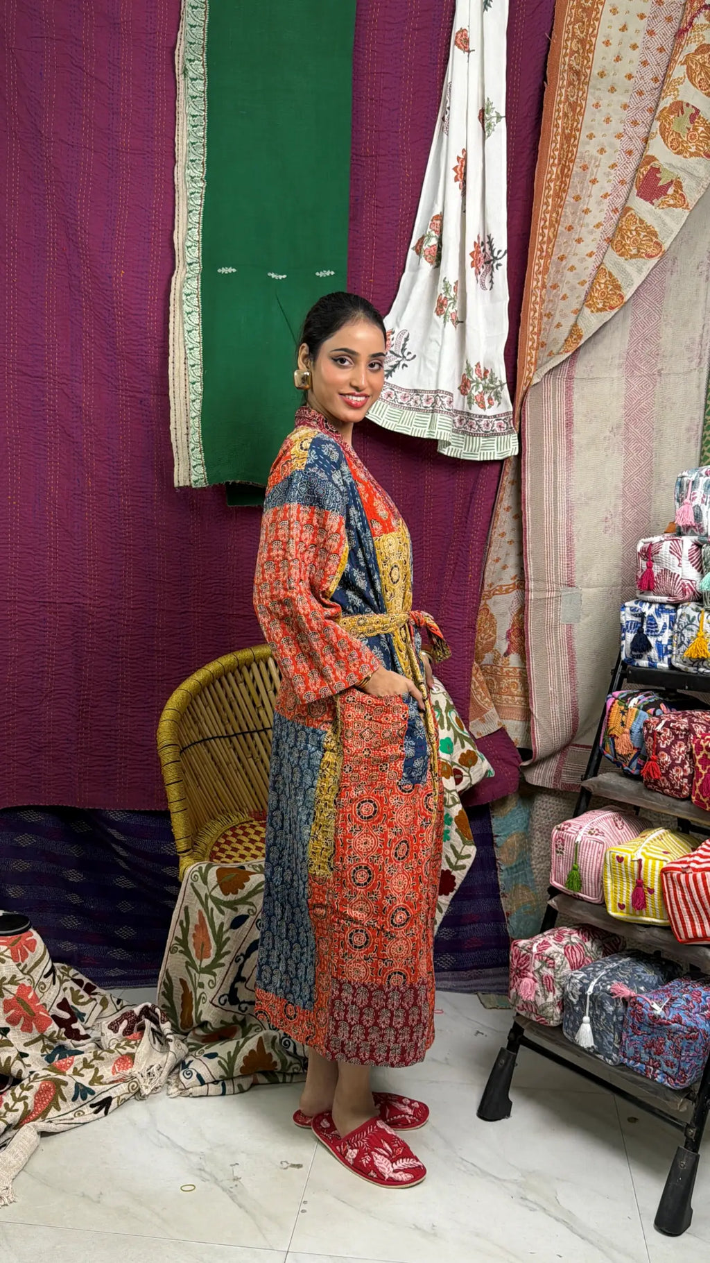 Unisex reversible Kantha-stitched Cotton Long Kimono Robe in red orange yellow