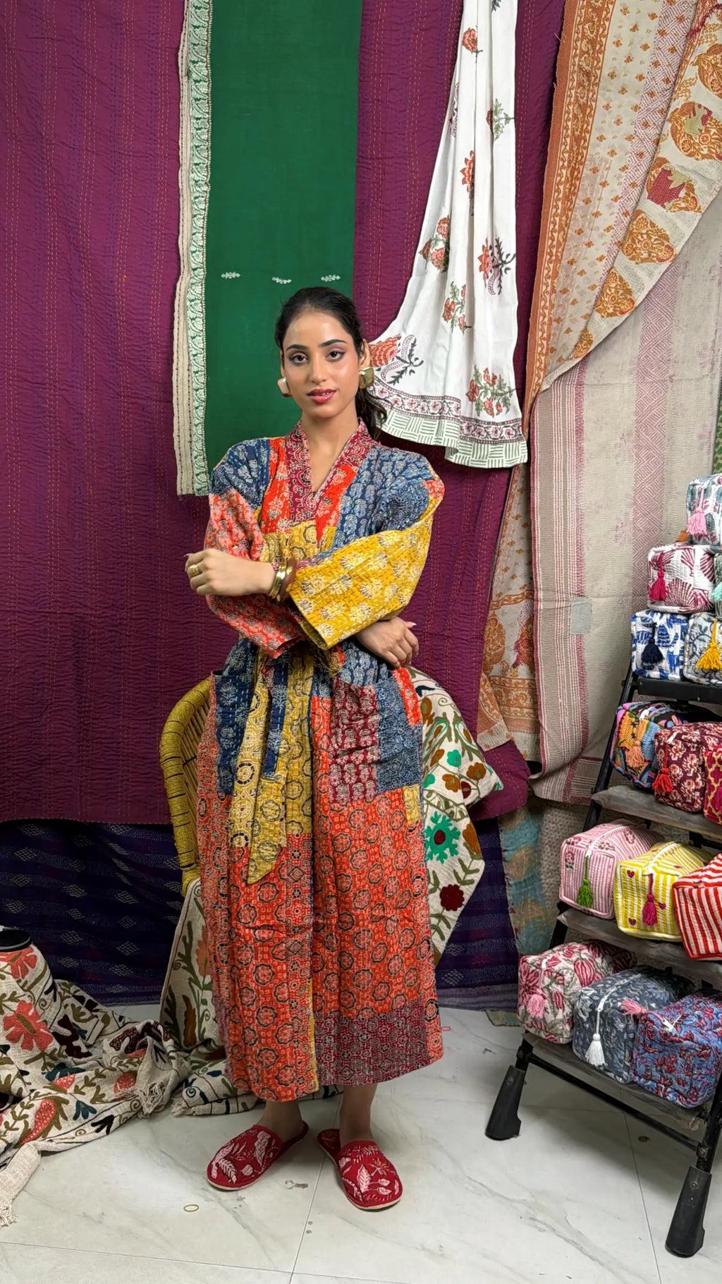 Unisex reversible Kantha-stitched Cotton Long Kimono Robe in red orange yellow