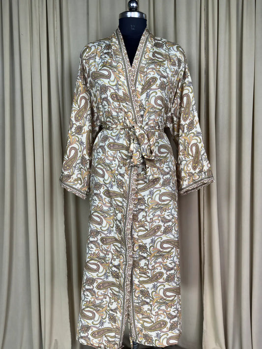 Recycle Silk Sari Women Kimono | Boho Chic Beach Cover Up Vintage Lounge Dressing Robe | Resort Wear Regal Gypsy House Robe | Beige Paisley