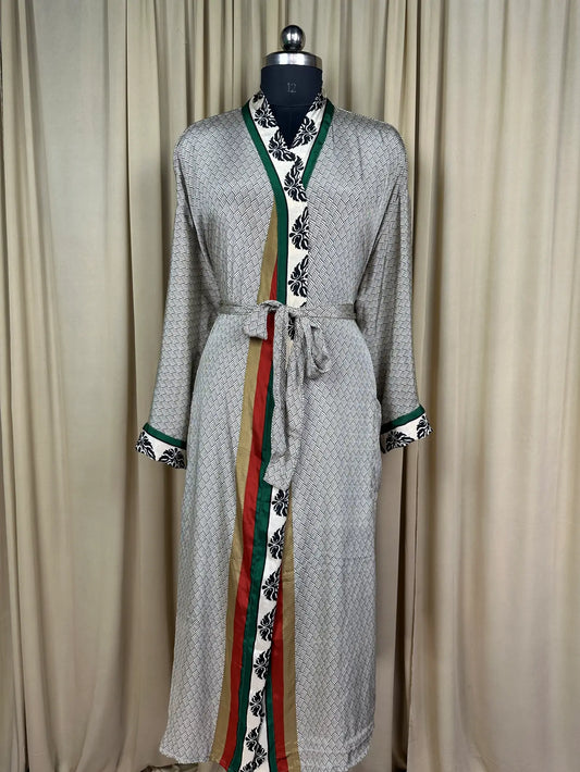 Recycle Silk Sari Women Kimono | Boho Chic Beach Cover Up Vintage Lounge Dressing Robe l Resort Wear Regal Gypsy House Robe, White Geometric