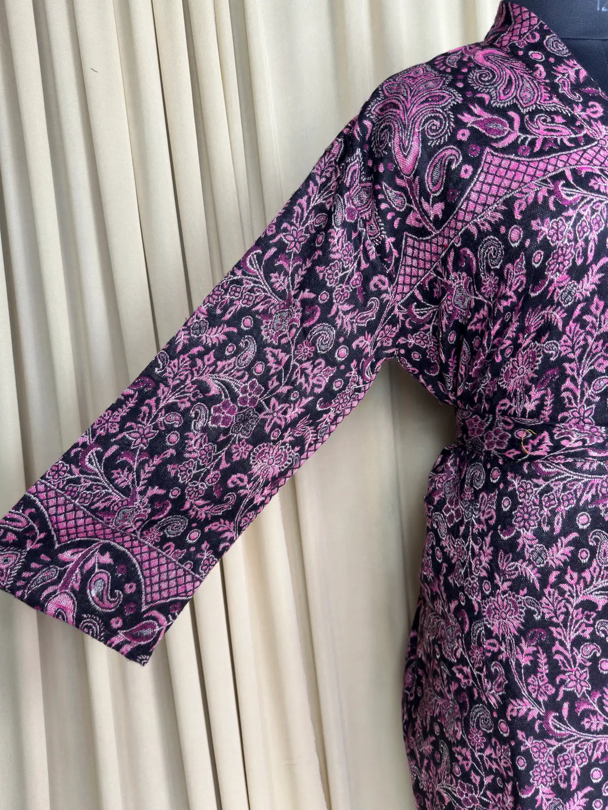 Yak Wool Blend Women Kimono Robe, Cozy Warm Winter Romance Loungewear | Black Floral Cardigan House Coat with Pockets, Quirky Christmas Gift