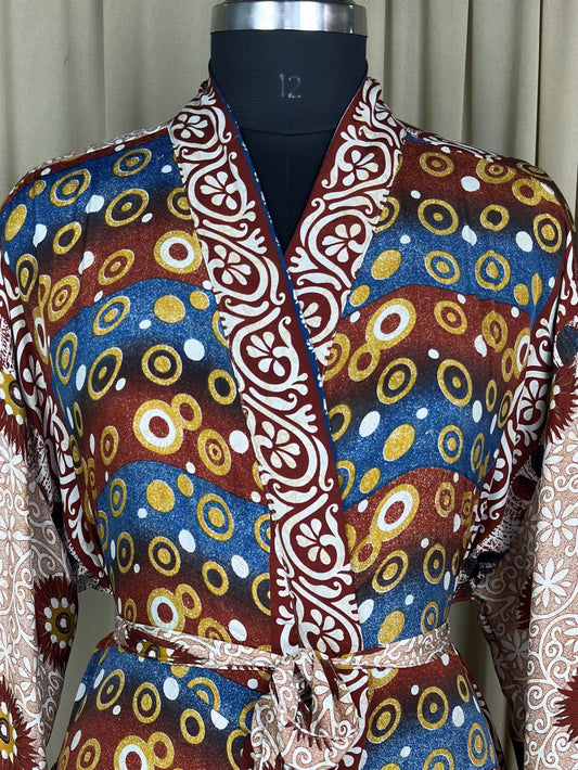 Recycle Silk Sari Women Kimono | Boho Chic Beach Cover Up Vintage Lounge Dressing Robe l Resort Wear Regal Gypsy House Robe, Brown Geometric