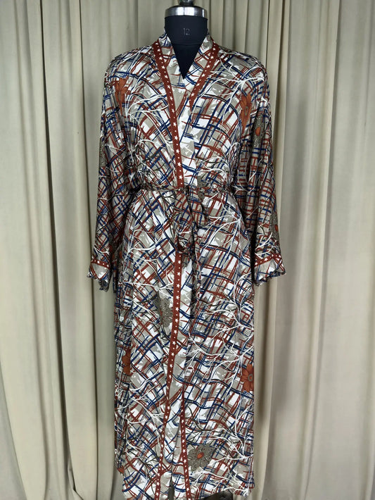 Recycle Silk Sari Women Kimono | Boho Chic Beach Cover Up Vintage Lounge Dressing Robe l Resort Wear Regal Gypsy House Robe, Beige Geometric