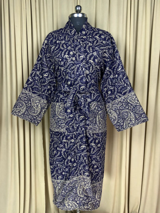 Yak Wool Blend Women Kimono Robe, Cozy Warm Winter Romance Loungewear | Blue Paisley Cardigan House Coat with Pockets, Quirky Christmas Gift