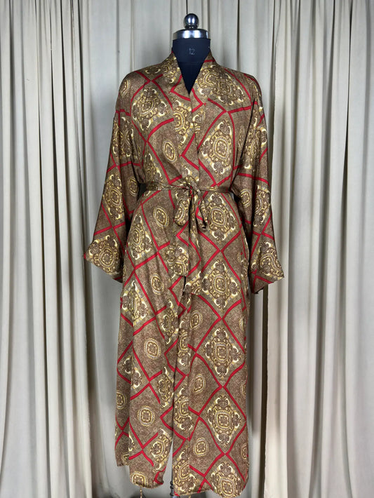 Recycle Silk Sari Women Kimono | Boho Chic Beach Cover Up Vintage Lounge Dressing Robe | Resort Wear Regal Gypsy House Robe, Brown Geometric