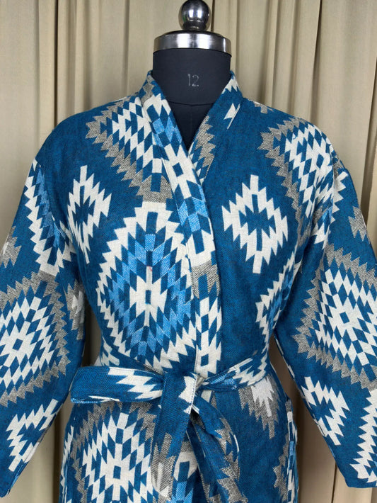 Yak Wool Blend Women Kimono Robe, Cozy Winter Romance Loungewear, Blue Diamond Print Cardigan House Coat with Pockets, Quirky Christmas Gift
