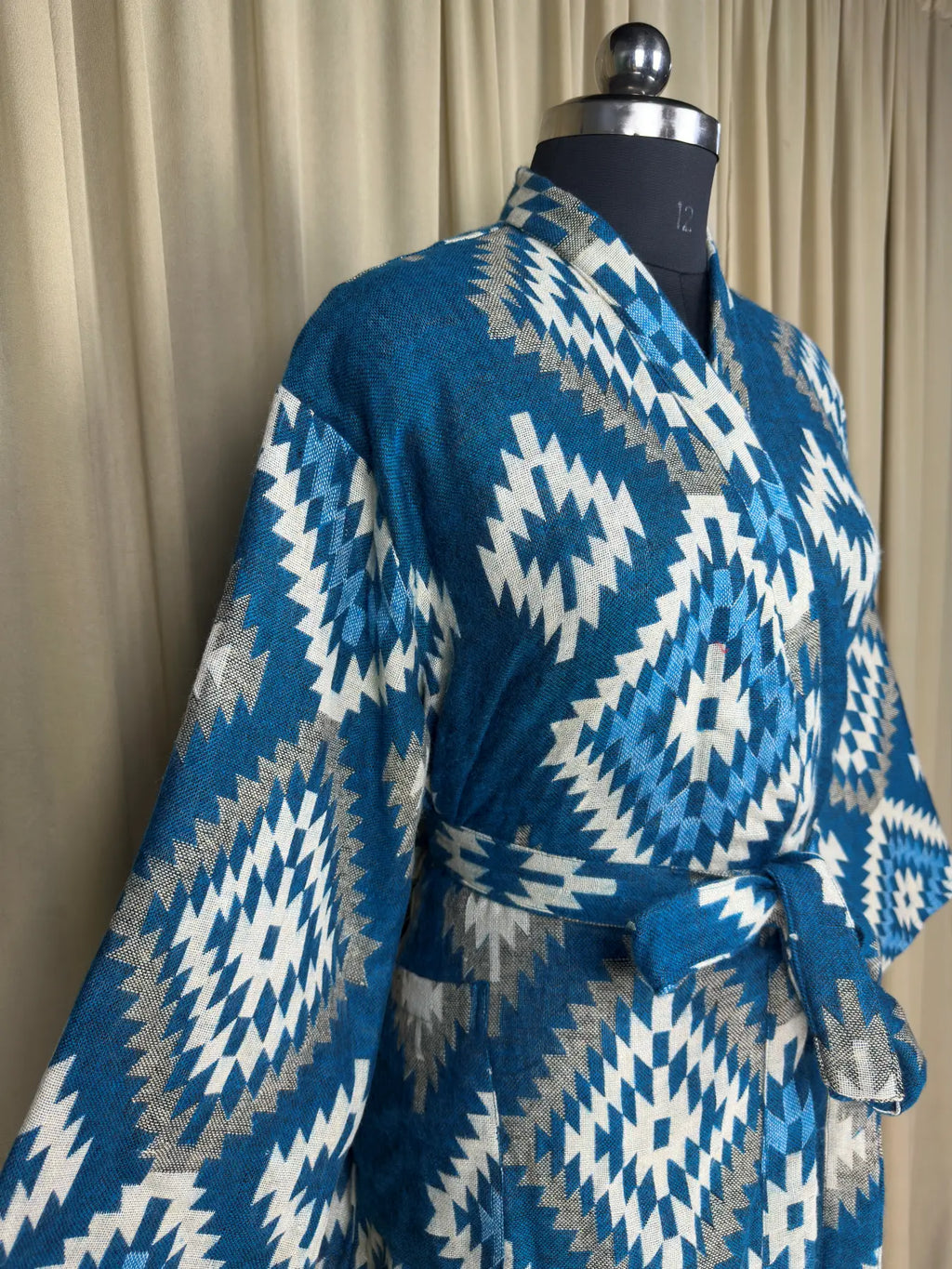 Yak Wool Blend Women Kimono Robe, Cozy Winter Romance Loungewear, Blue Diamond Print Cardigan House Coat with Pockets, Quirky Christmas Gift