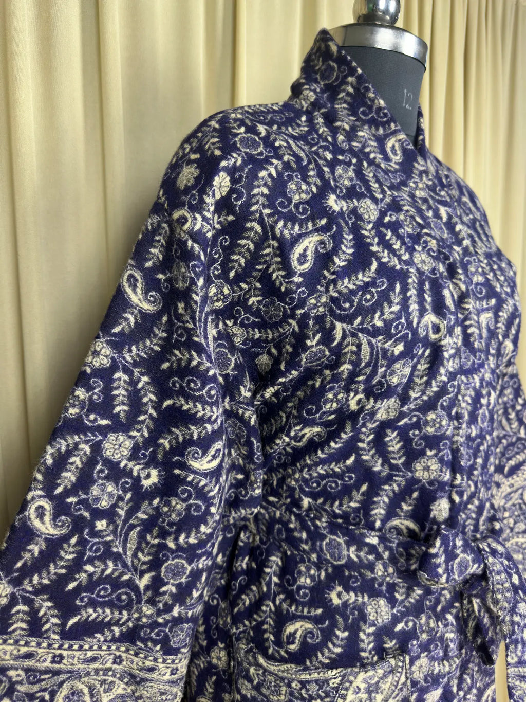 Yak Wool Blend Women Kimono Robe, Cozy Warm Winter Romance Loungewear | Blue Paisley Cardigan House Coat with Pockets, Quirky Christmas Gift