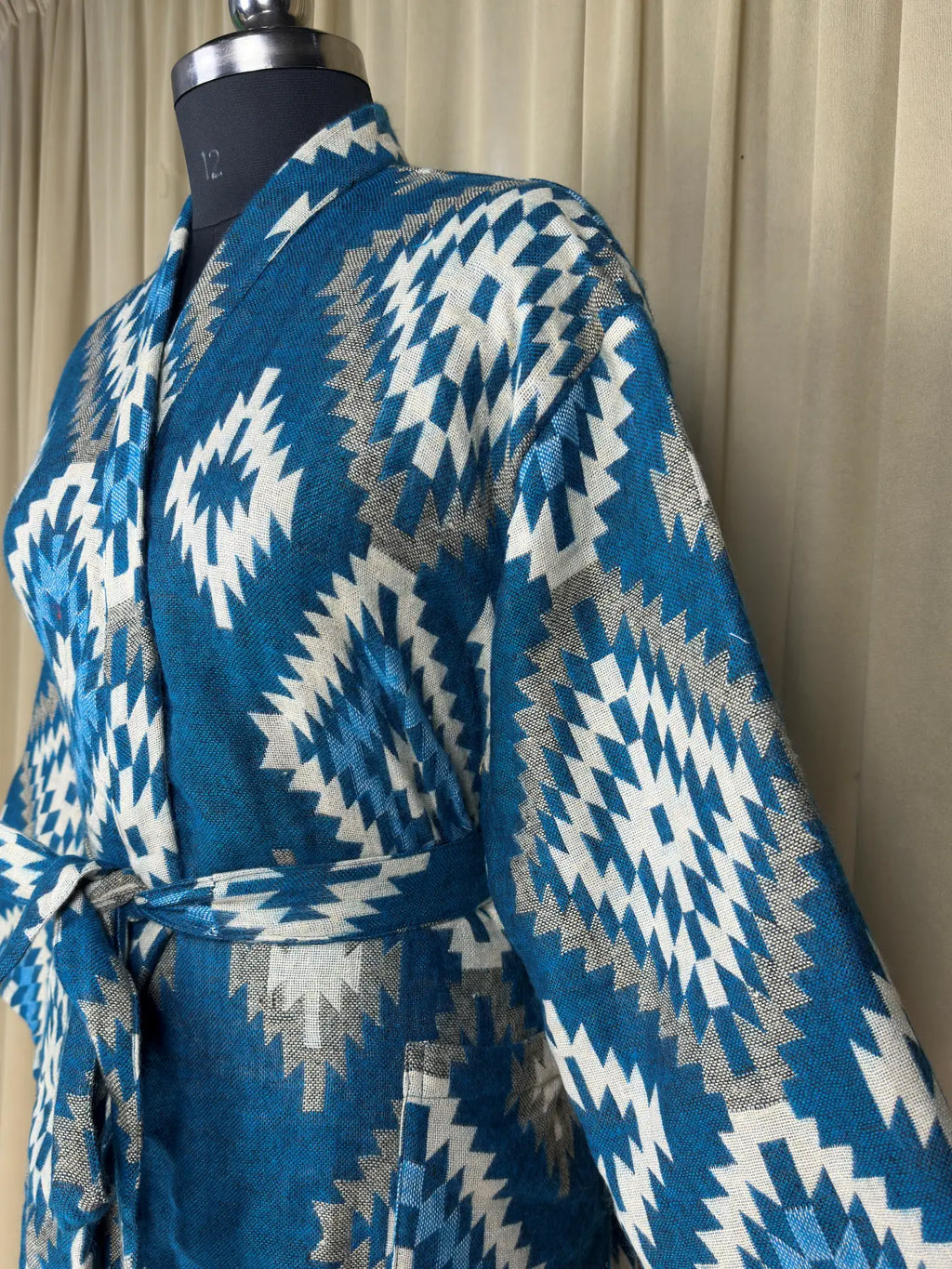 Yak Wool Blend Women Kimono Robe, Cozy Winter Romance Loungewear, Blue Diamond Print Cardigan House Coat with Pockets, Quirky Christmas Gift