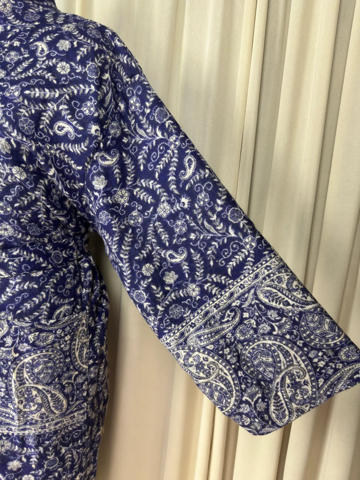 Yak Wool Blend Women Kimono Robe, Cozy Warm Winter Romance Loungewear | Blue Paisley Cardigan House Coat with Pockets, Quirky Christmas Gift