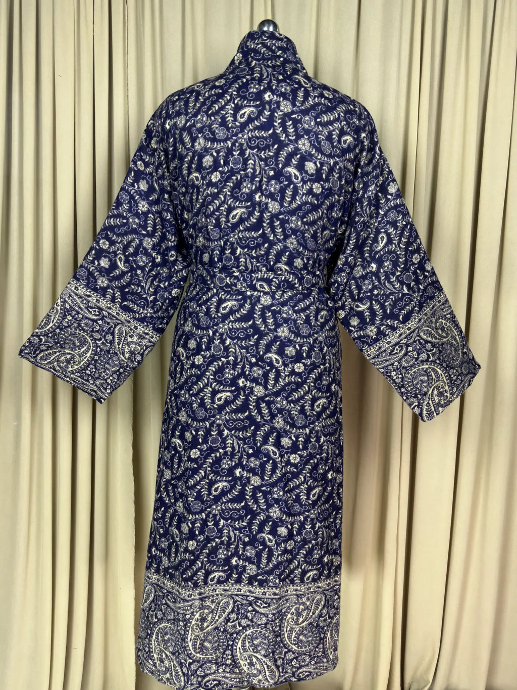 Yak Wool Blend Women Kimono Robe, Cozy Warm Winter Romance Loungewear | Blue Paisley Cardigan House Coat with Pockets, Quirky Christmas Gift