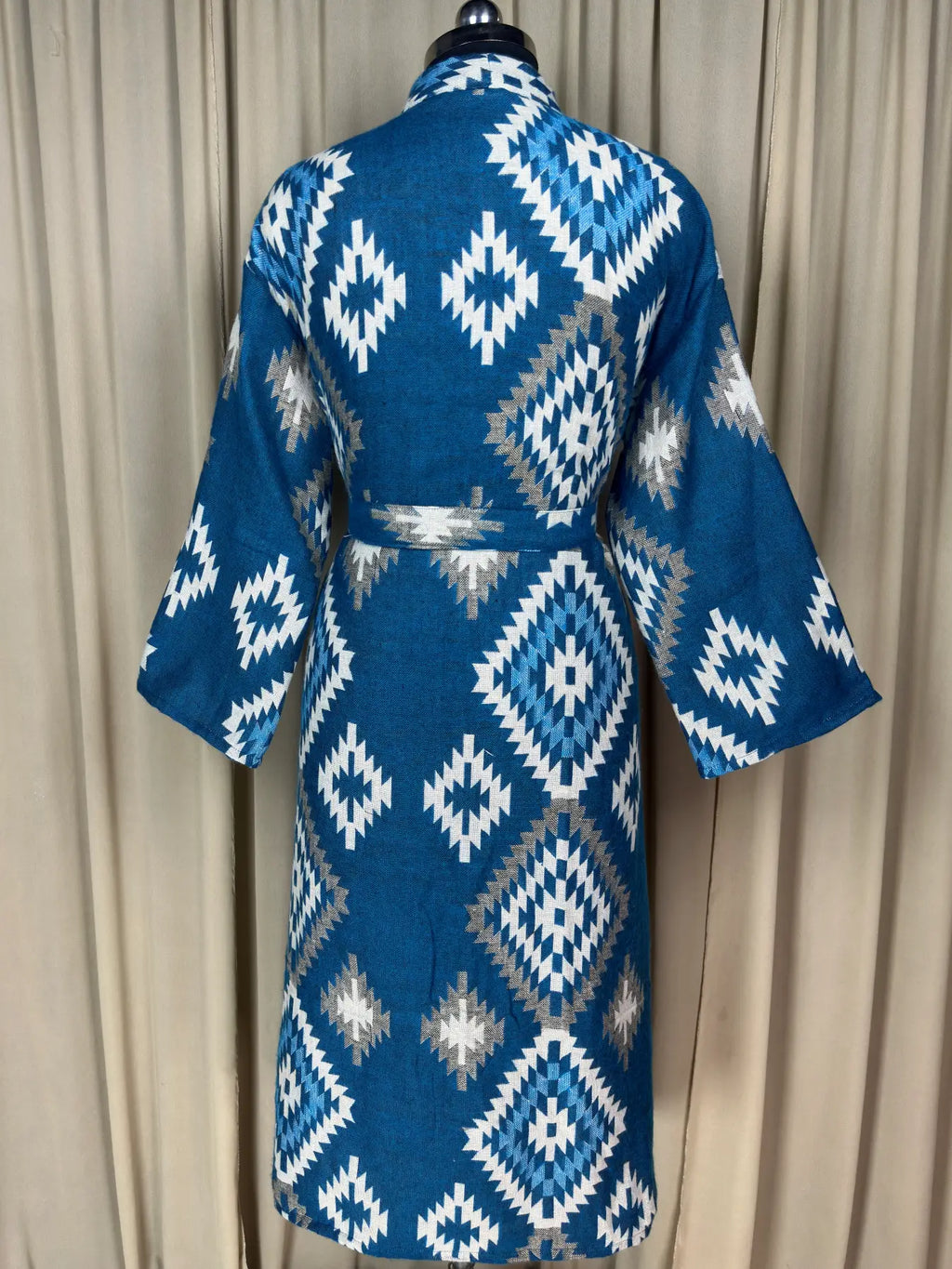 Yak Wool Blend Women Kimono Robe, Cozy Winter Romance Loungewear, Blue Diamond Print Cardigan House Coat with Pockets, Quirky Christmas Gift