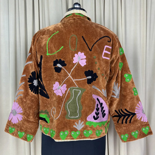 Boho Hand Embroidered Velvet Suzani Jacket, Brown Floral Open Front Coat Winter Wear Free Size Robe Retro Chic Free Size Robe Blazer for Her