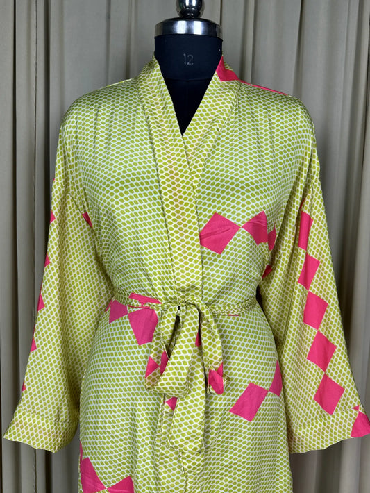 Recycle Silk Sari Women Kimono | Boho Chic Beach Cover Up Vintage Lounge Dressing Robe, Resort Wear Regal Gypsy House Robe, Yellow Geometric