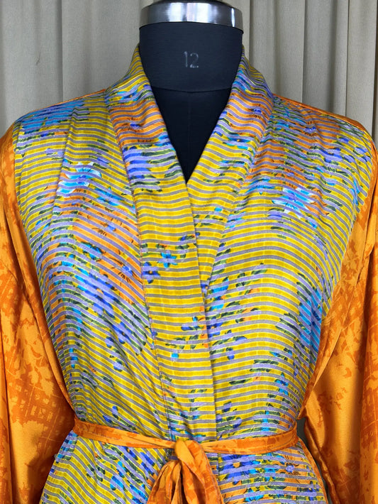 Recycle Silk Sari Women Kimono | Boho Chic Beach Cover Up Vintage Lounge Dressing Robe  l Resort Wear Regal Gypsy House Robe | Yellow Floral