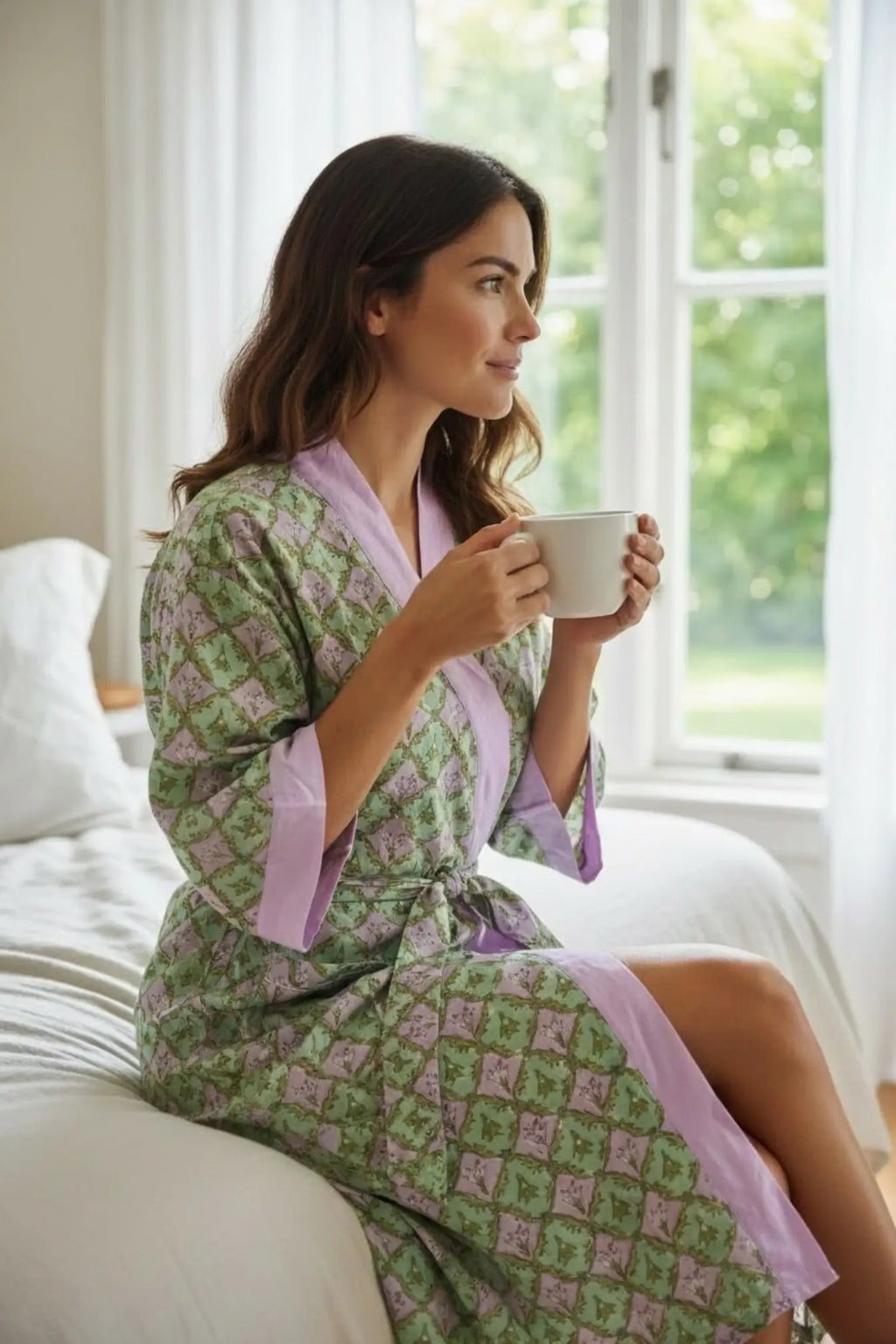 Women's block-printed Cotton Kimono Robe