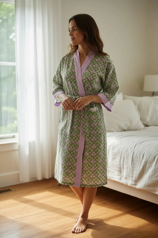 Pure Cotton Handblock Kimono | Indian Printed Summer House Robe, Boho Beach Coverup Kaftan, Bridesmaid Maternity Dressing Gown, Gift For Her