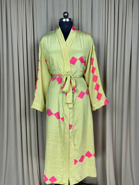 Recycle Silk Sari Women Kimono | Boho Chic Beach Cover Up Vintage Lounge Dressing Robe, Resort Wear Regal Gypsy House Robe, Yellow Geometric
