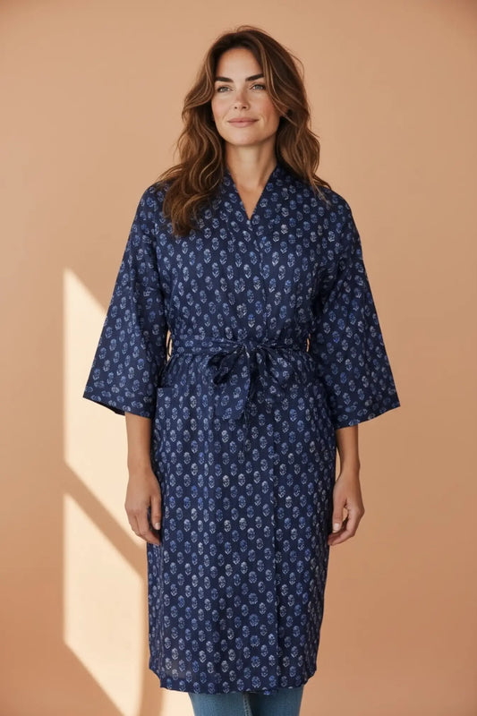 Pure Cotton Handblock Kimono | Indian Printed Summer House Robe, Boho Beach Coverup Kaftan, Bridesmaid Maternity Dressing Gown, Gift For Her