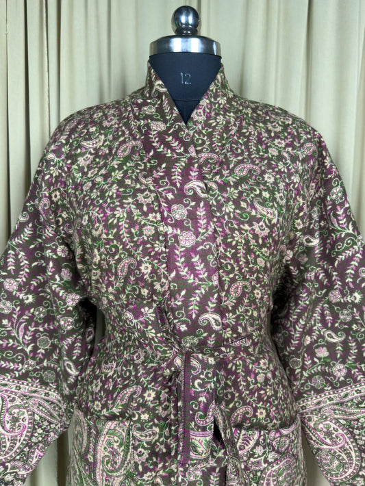 Yak Wool Blend Women Kimono Robe, Cozy Warm Winter Romance Loungewear, Pink Paisley Cardigan House Coat with Pockets, Quirky Christmas Gift