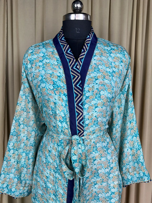 Recycle Silk Sari Women Kimono | Boho Chic Beach Cover Up Vintage Lounge Dressing Robe | Resort Wear Regal Gypsy House Robe | Blue Floral
