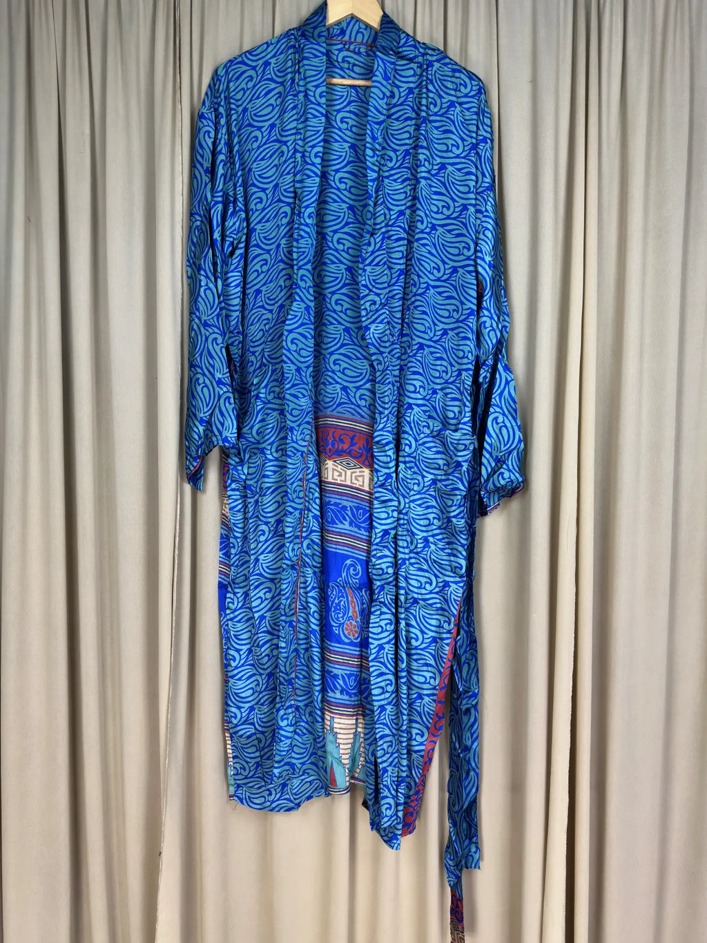 Men's Silky Kimono Robe in blue geometric