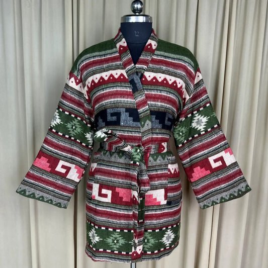 Wool Blend Women Kimono, Winter House Robe Warm Cozy Jacket Short Dressing Loungewear Geometric Cardigan, Handmade Mom Gift Someone Special
