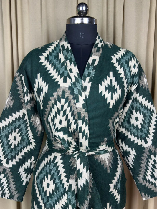 Yak Wool Blend Women Kimono Robe, Cozy Winter Romance Loungewear, Green Diamond Print Cardigan House Coat with Pockets Quirky Christmas Gift