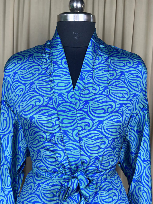 Silky Soft Men’s Kimono Robe, Masculine Elegant Classic Sustainable Vintage House Robe gift, Timeless Comfy Lounge Beach Wear Blue Geometric