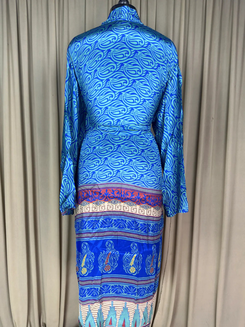 Men's Silky Kimono Robe in blue geometric