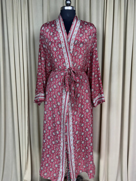 Recycle Silk Sari Women Kimono | Boho Chic Beach Cover Up Vintage Lounge Dressing Robe | Resort Wear Regal Gypsy House Robe | Red Floral
