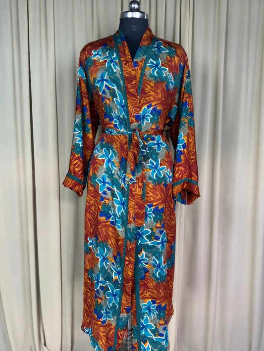 Recycle Silk Sari Women Kimono | Boho Chic Beach Cover Up Vintage Lounge Dressing Robe  l Resort Wear Regal Gypsy House Robe | Red Floral