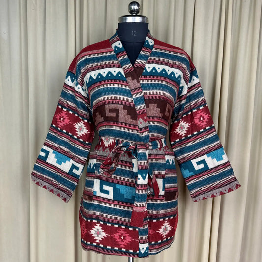 Wool Blend Women Kimono, Winter House Robe Warm Cozy Jacket Short Dressing Loungewear Geometric Cardigan, Handmade Mom Gift Someone Special