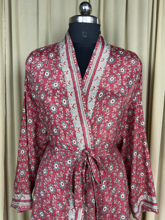 Recycle Silk Sari Women Kimono | Boho Chic Beach Cover Up Vintage Lounge Dressing Robe | Resort Wear Regal Gypsy House Robe | Red Floral