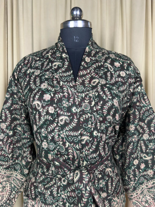 Yak Wool Blend Women Kimono Robe, Cozy Warm Winter Romance Loungewear, Green Paisley Cardigan House Coat with Pockets, Quirky Christmas Gift