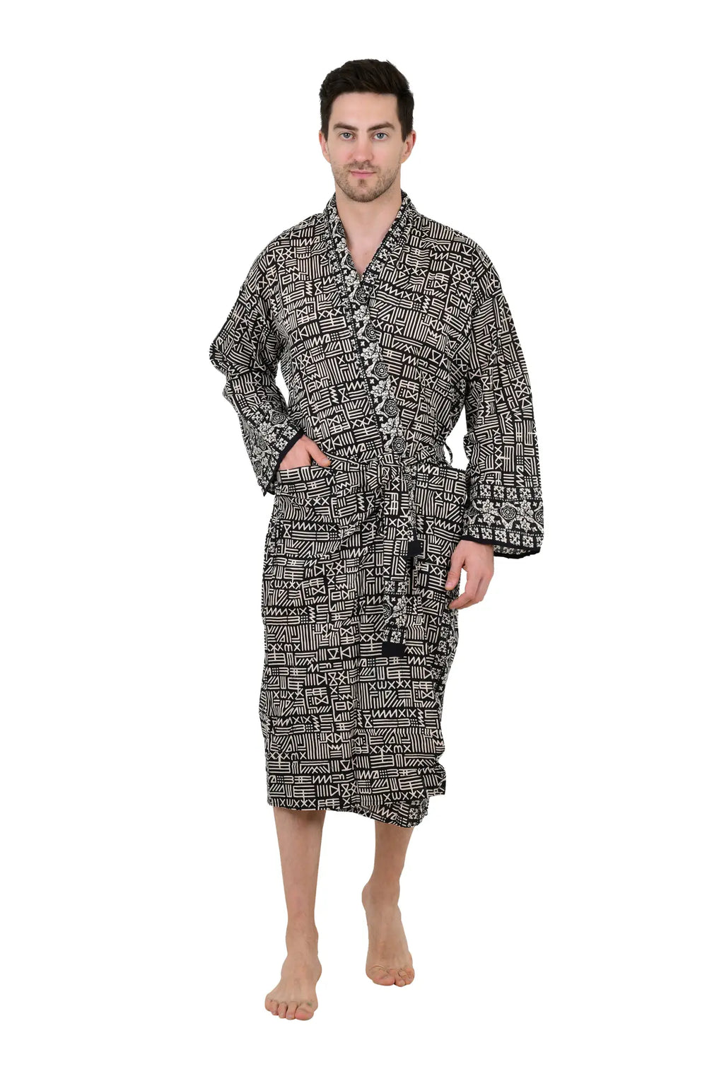 Men's block-printed Cotton Kimono Robe