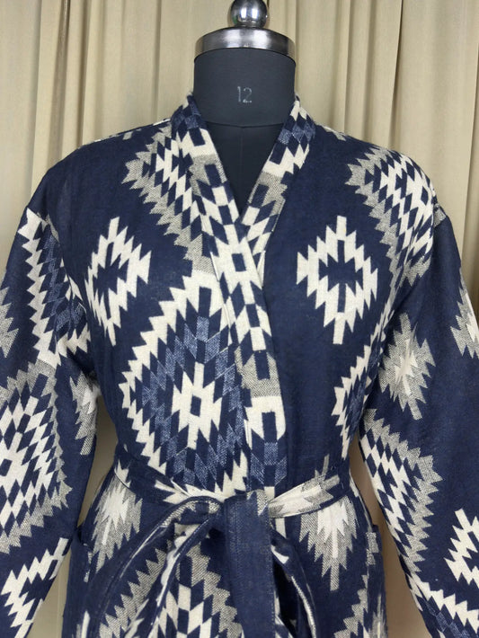 Yak Wool Blend Women Kimono Robe, Cozy Winter Romance Loungewear, Blue Diamond Print Cardigan House Coat with Pockets, Quirky Christmas Gift