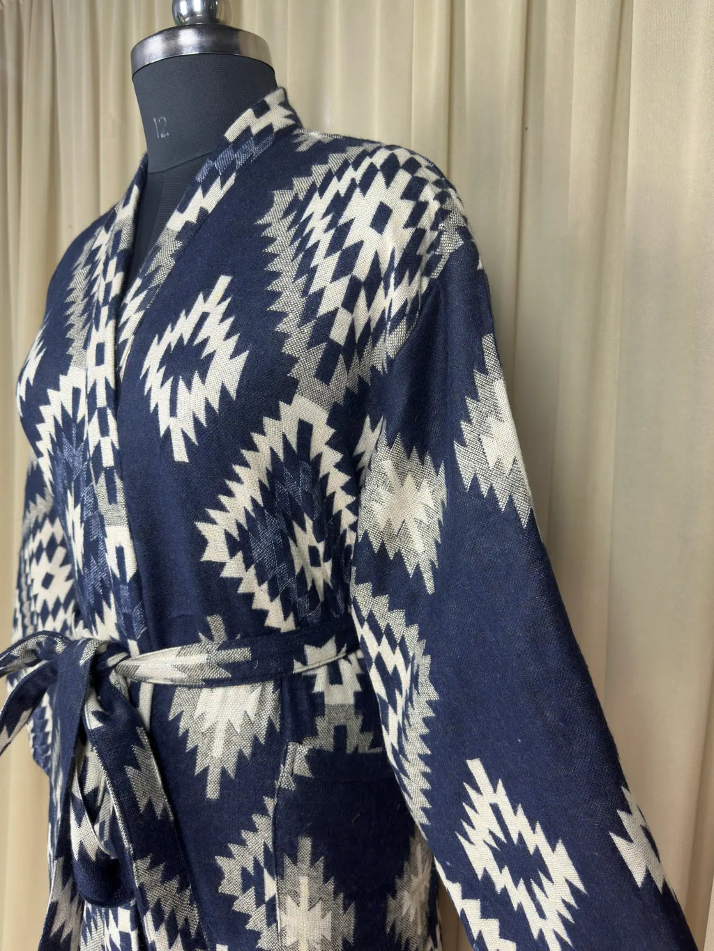 Yak Wool Blend Women Kimono Robe, Cozy Winter Romance Loungewear, Blue Diamond Print Cardigan House Coat with Pockets, Quirky Christmas Gift