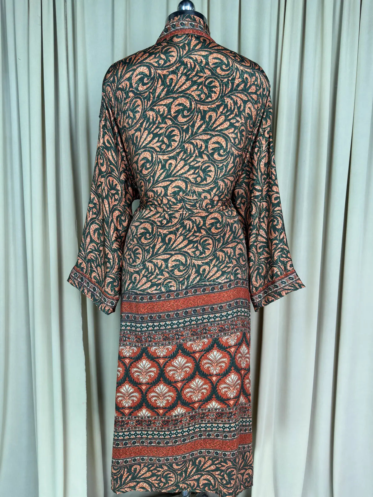 Recycle Silk Sari Women Kimono | Boho Chic Beach Cover Up Vintage Lounge Dressing Robe | Resort Wear Regal Gypsy House Robe | Green Floral