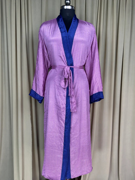 Recycle Silk Sari Women Kimono | Boho Chic Beach Cover Up Vintage Lounge Dressing Robe, Resort Wear Regal Gypsy House Robe, Pink Geometric