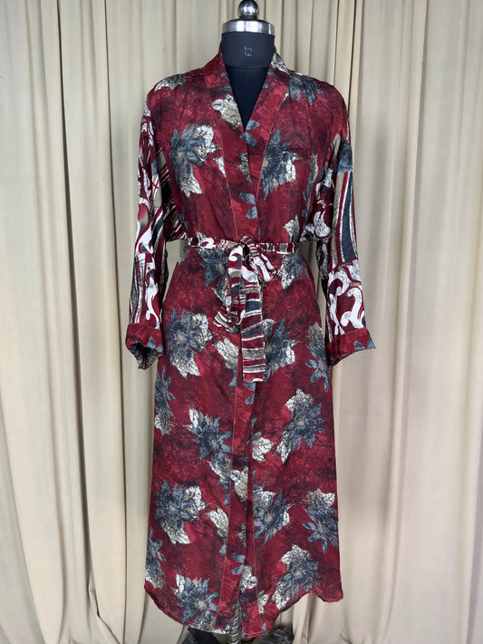 Recycle Silk Sari Women Kimono | Boho Chic Beach Cover Up Vintage Lounge Dressing Robe  l Resort Wear Regal Gypsy House Robe | Red Floral