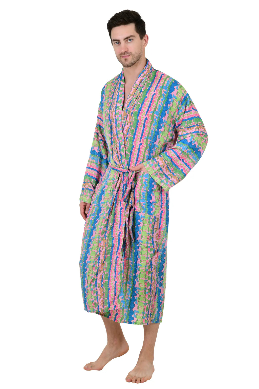Men's Silk Kimono Robe in pink green geometric