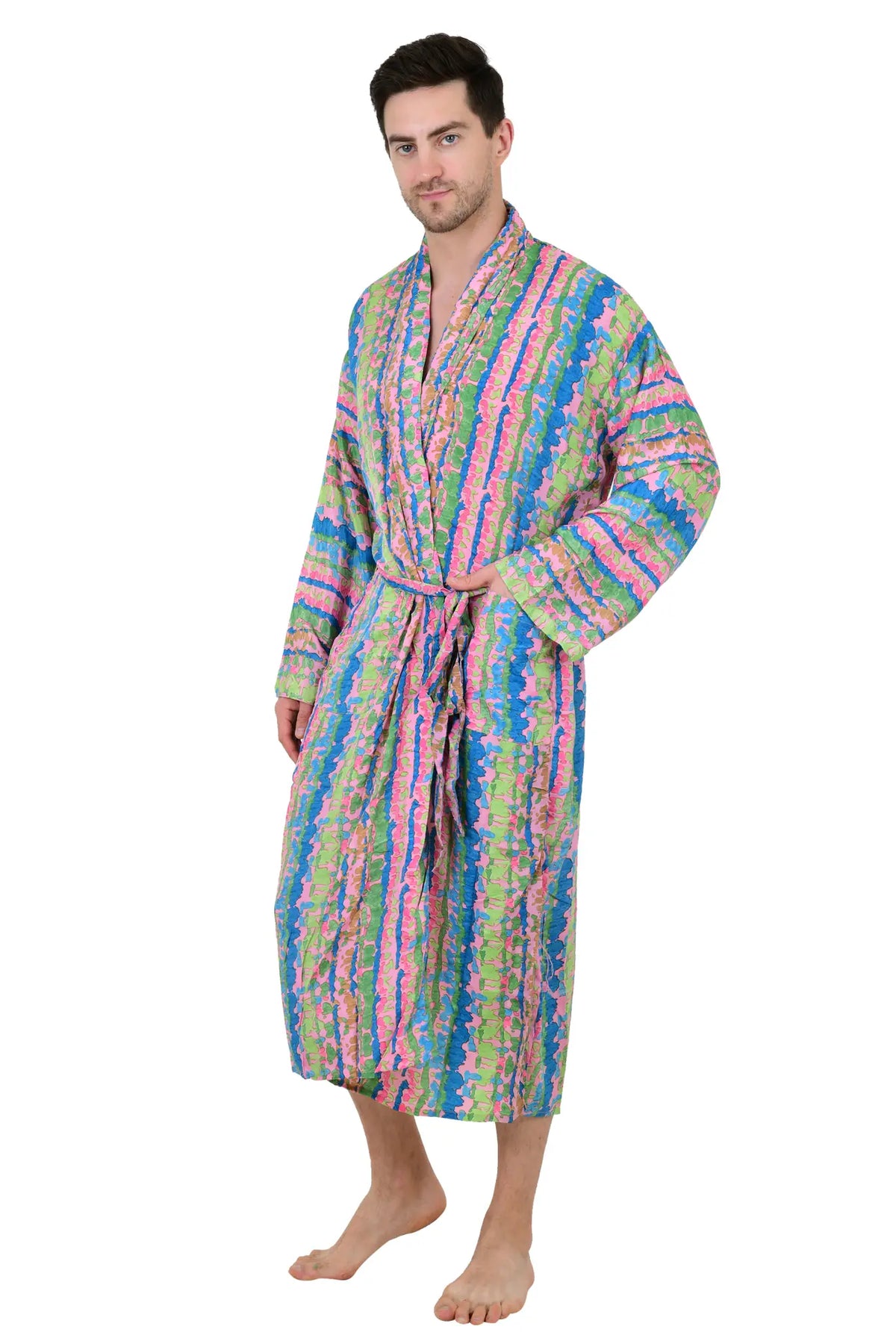 Men's Silk Kimono Robe in pink green geometric